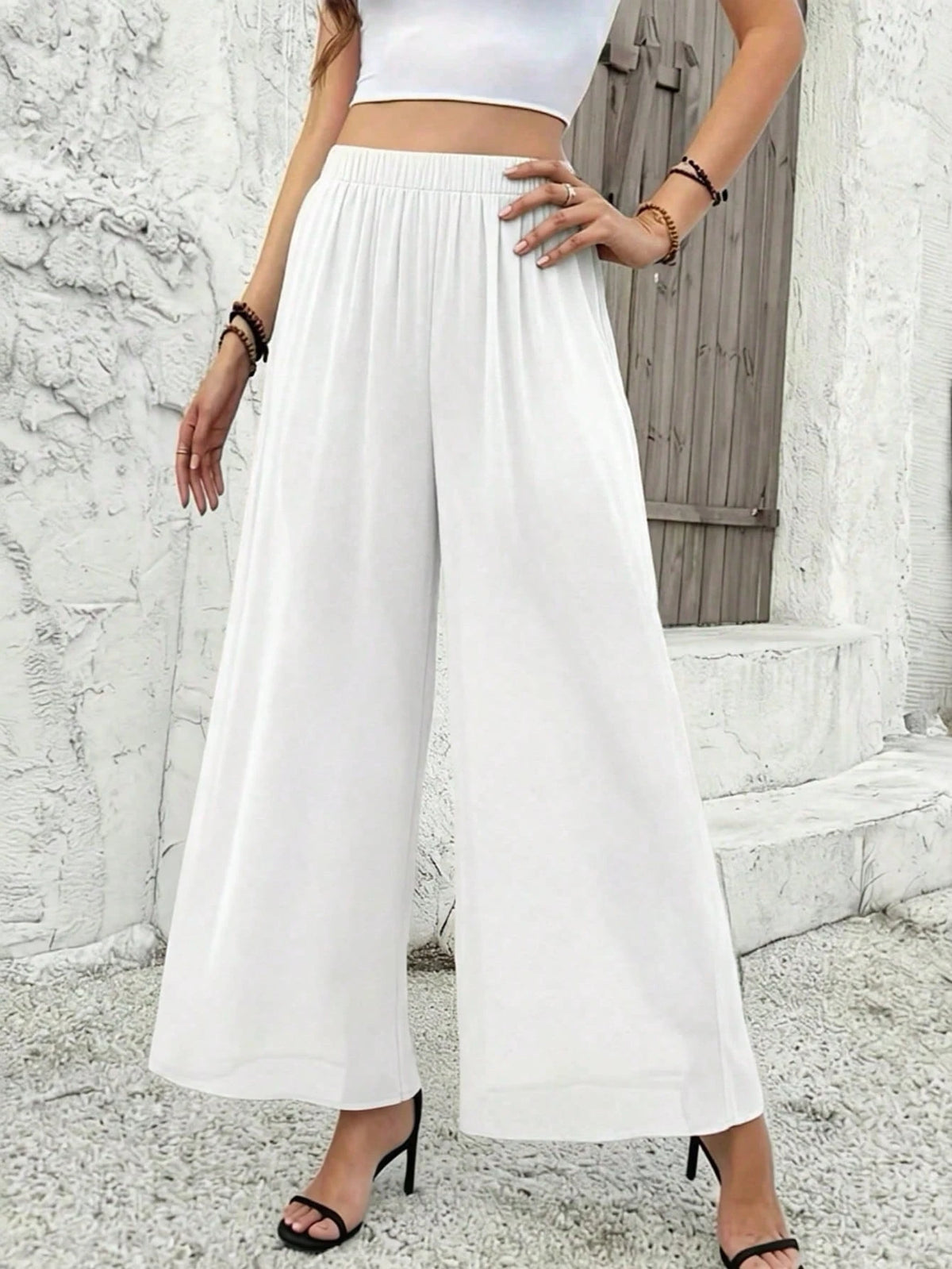 Women's Solid Color Sheer Chiffon Casual Loose High Waist Wide Leg Pants, Suitable For Spring/Summer White