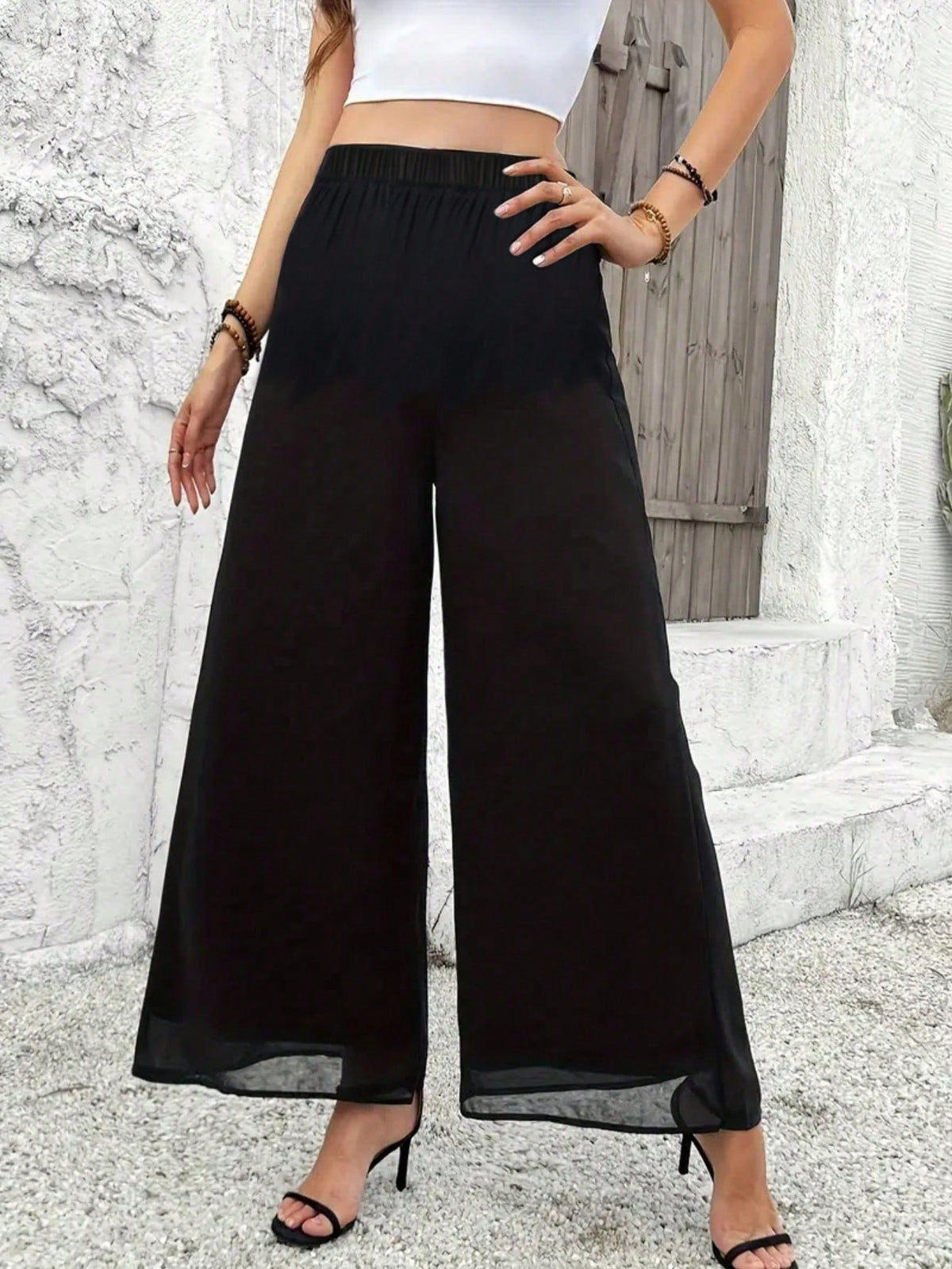 Women's Solid Color Sheer Chiffon Casual Loose High Waist Wide Leg Pants, Suitable For Spring/Summer White
