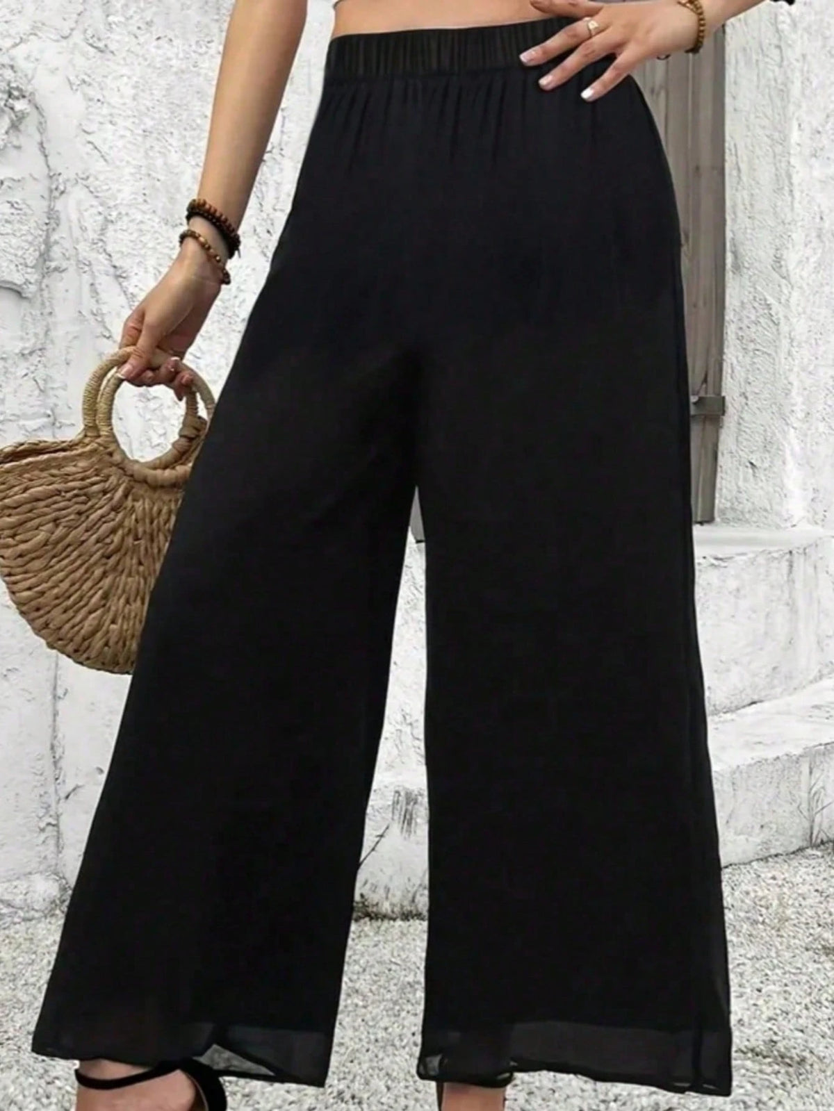 Women's Solid Color Sheer Chiffon Casual Loose High Waist Wide Leg Pants, Suitable For Spring/Summer White