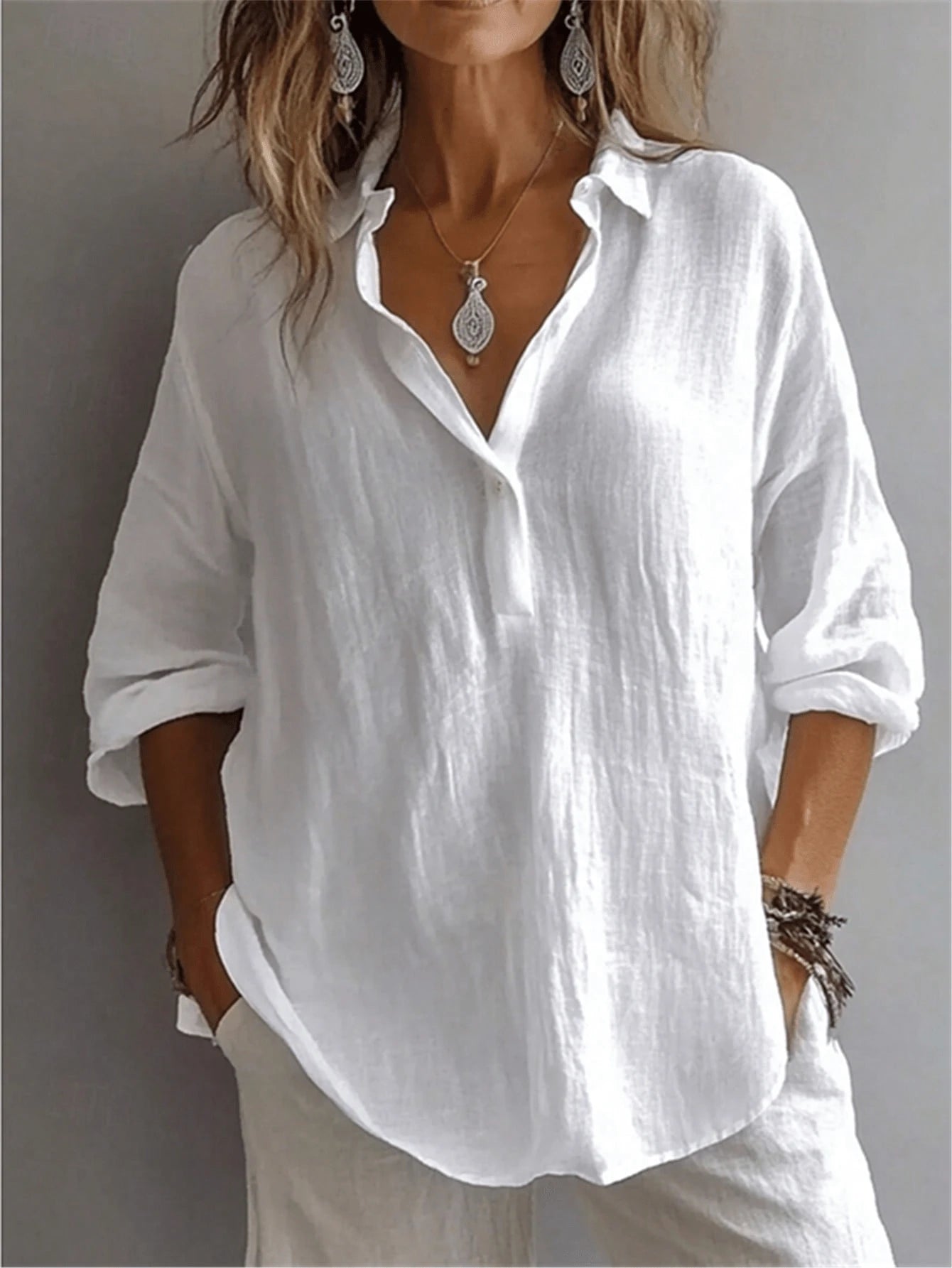Women's Solid Color Shirt, Casual Long Sleeve Bishop Sleeve Collared Blouse, Regular Buttoned Closure White Spring, Office Siren
