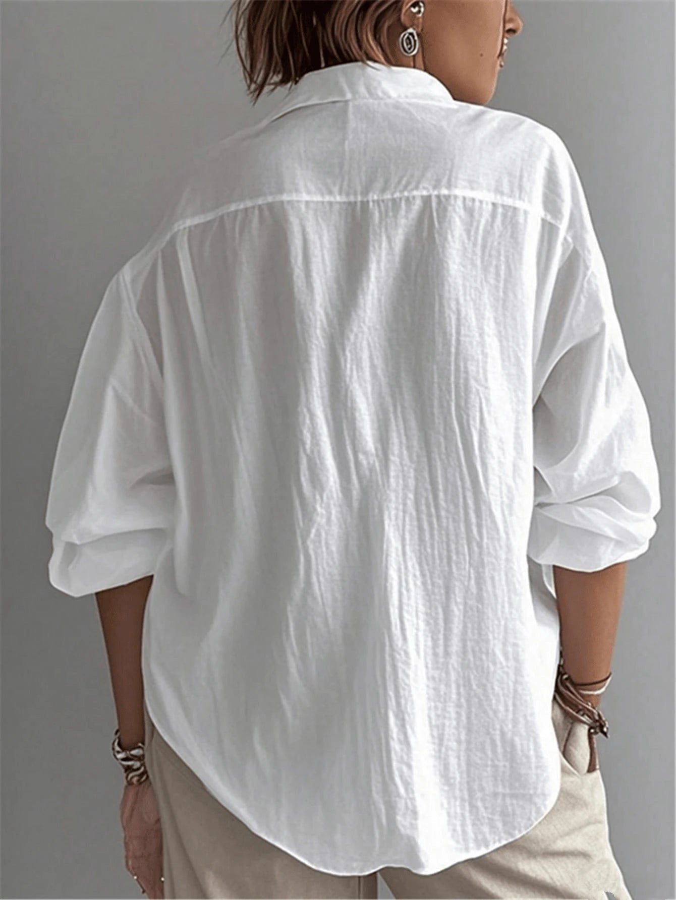 Women's Solid Color Shirt, Casual Long Sleeve Bishop Sleeve Collared Blouse, Regular Buttoned Closure White Spring, Office Siren