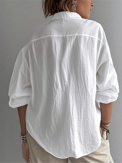 Women's Solid Color Shirt, Casual Long Sleeve Bishop Sleeve Collared Blouse, Regular Buttoned Closure White Spring, Office Siren