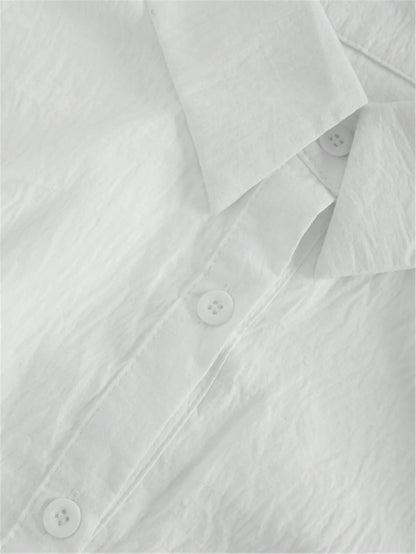 Women's Solid Color Shirt, Casual Long Sleeve Bishop Sleeve Collared Blouse, Regular Buttoned Closure White Spring, Office Siren