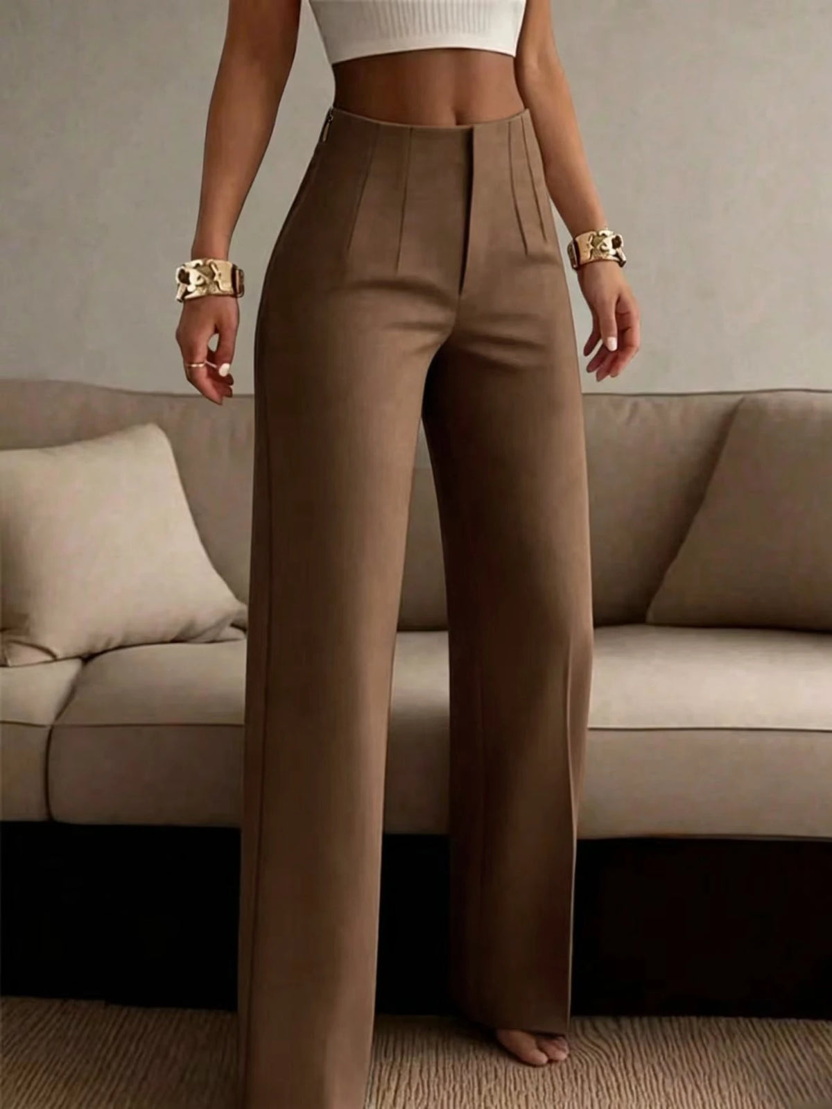 Women's Solid Color Wide Leg Straight Business Pants, Minimalist Casual Premium Feel, Versatile Commuter Long Pants For Multiple Occasions