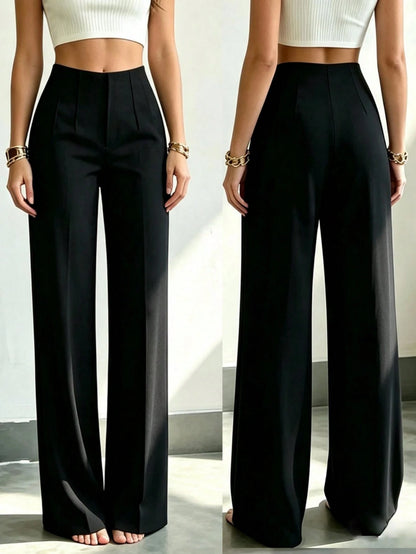 Women's Solid Color Wide Leg Straight Business Pants, Minimalist Casual Premium Feel, Versatile Commuter Long Pants For Multiple Occasions