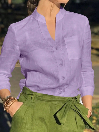 Women's Solid V Neck Button Down Shirt, Long Sleeve Casual Elegant Blouse With Pocket, Daily, Holiday, Travel, Spring Summer Fall Winter Essential