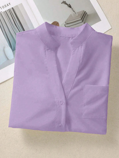 Women's Solid V Neck Button Down Shirt, Long Sleeve Casual Elegant Blouse With Pocket, Daily, Holiday, Travel, Spring Summer Fall Winter Essential