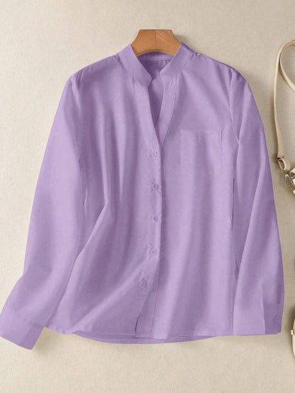 Women's Solid V Neck Button Down Shirt, Long Sleeve Casual Elegant Blouse With Pocket, Daily, Holiday, Travel, Spring Summer Fall Winter Essential