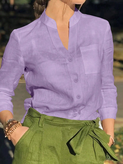 Women's Solid V Neck Button Down Shirt, Long Sleeve Casual Elegant Blouse With Pocket, Daily, Holiday, Travel, Spring Summer Fall Winter Essential