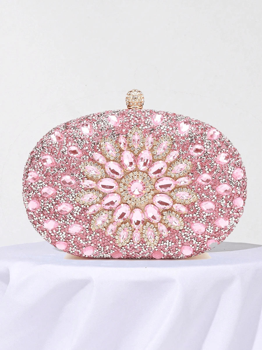 Women's Sparkly Rhinestone Oval Clutch Purse, Luxury Evening Handbag With Gold Chain, Elegant Bridal Bag For Wedding Party Formal Events