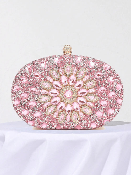 Women's Sparkly Rhinestone Oval Clutch Purse, Luxury Evening Handbag With Gold Chain, Elegant Bridal Bag For Wedding Party Formal Events