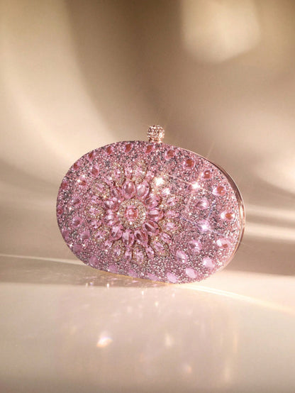 Women's Sparkly Rhinestone Oval Clutch Purse, Luxury Evening Handbag With Gold Chain, Elegant Bridal Bag For Wedding Party Formal Events