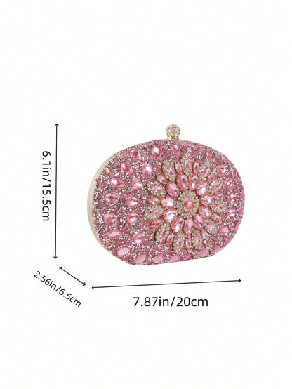 Women's Sparkly Rhinestone Oval Clutch Purse, Luxury Evening Handbag With Gold Chain, Elegant Bridal Bag For Wedding Party Formal Events