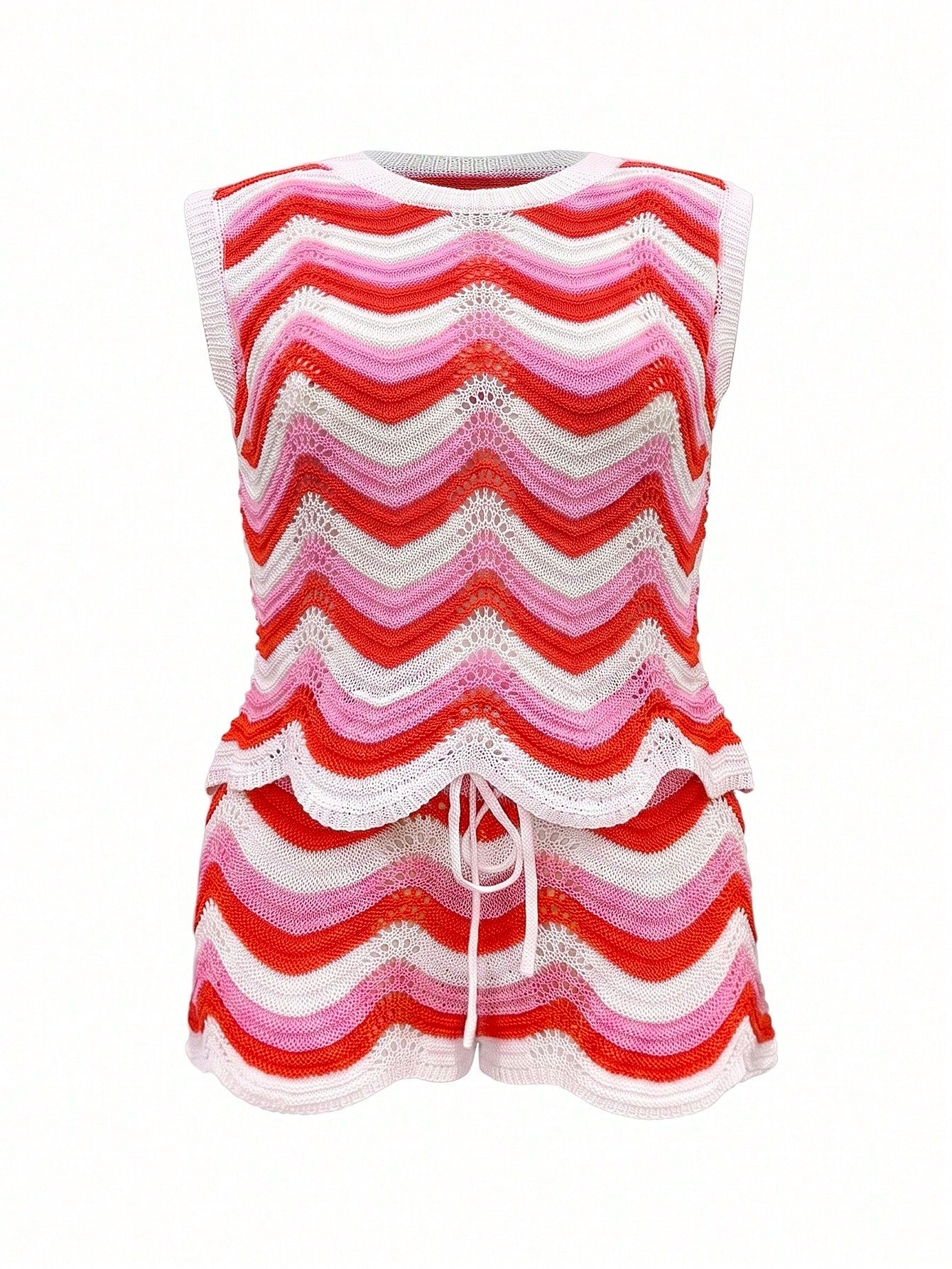 Women's Spring/Summer 2026 New European & American Style Fashion Hollow Crochet Knit Sleeveless Tank Top & Casual Shorts Plus Size Cover-Up Vacation