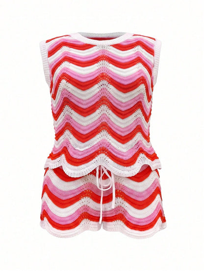 Women's Spring/Summer 2026 New European & American Style Fashion Hollow Crochet Knit Sleeveless Tank Top & Casual Shorts Plus Size Cover-Up Vacation