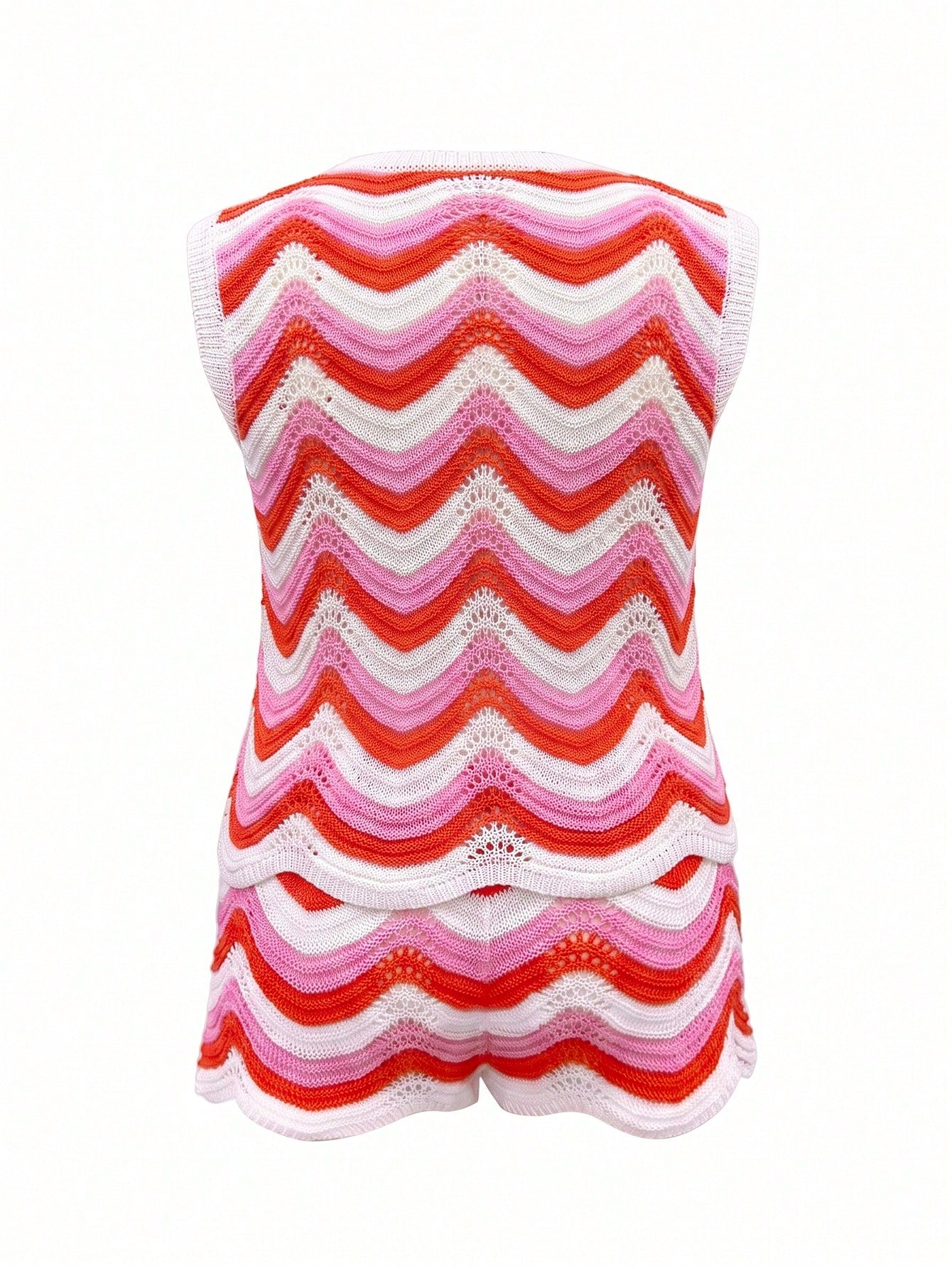 Women's Spring/Summer 2026 New European & American Style Fashion Hollow Crochet Knit Sleeveless Tank Top & Casual Shorts Plus Size Cover-Up Vacation