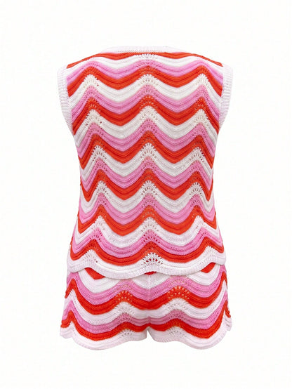 Women's Spring/Summer 2026 New European & American Style Fashion Hollow Crochet Knit Sleeveless Tank Top & Casual Shorts Plus Size Cover-Up Vacation