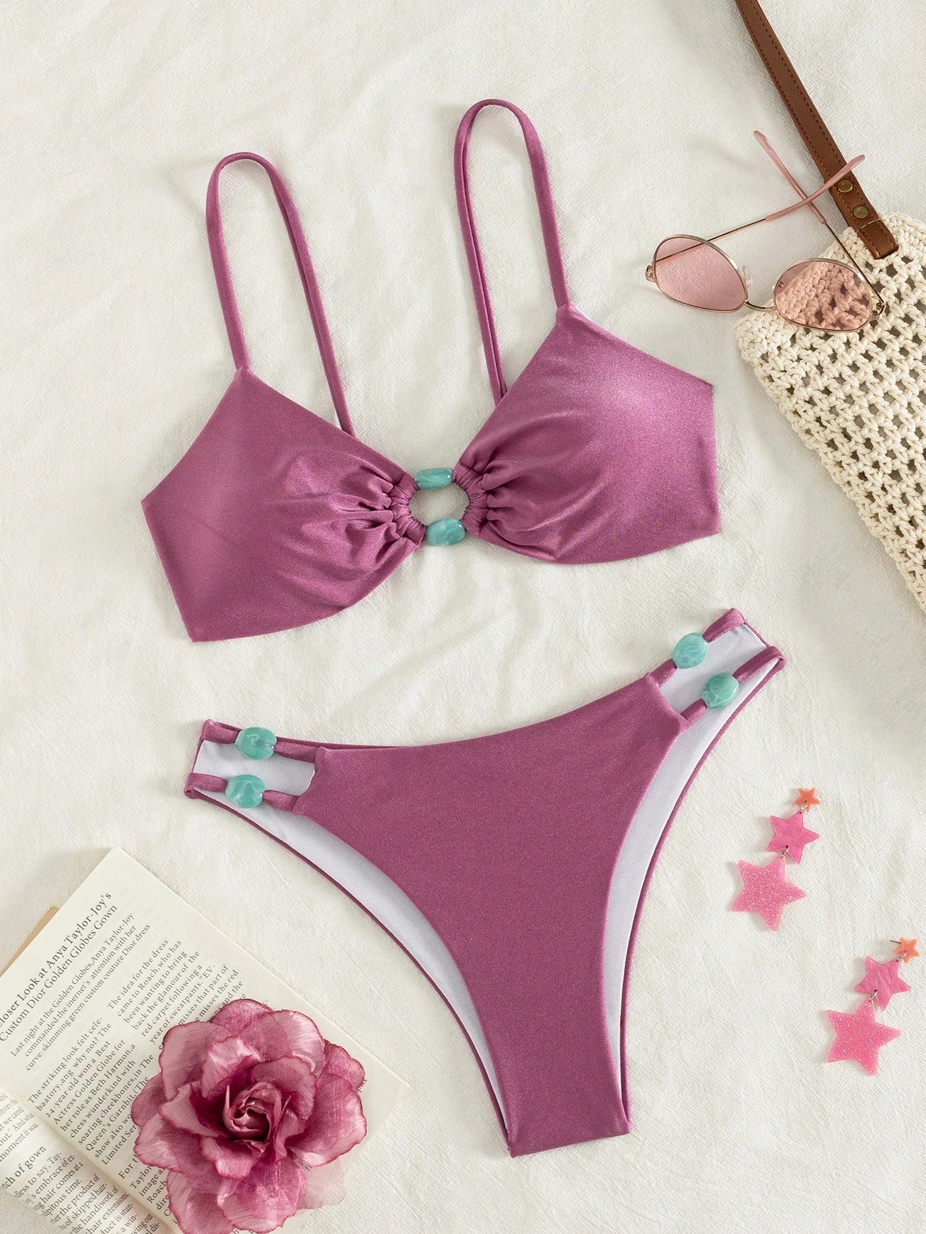 Women's Spring/Summer New Solid Color Light Fabric Flat Chest Spaghetti Strap Bikini 2-Piece Set