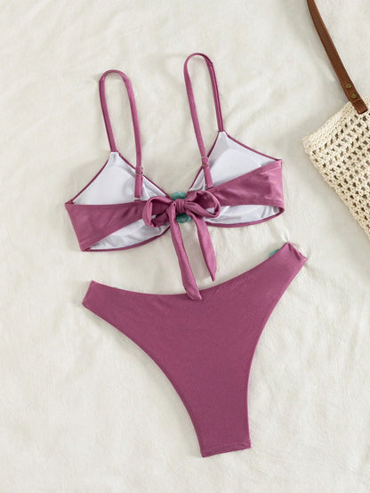 Women's Spring/Summer New Solid Color Light Fabric Flat Chest Spaghetti Strap Bikini 2-Piece Set