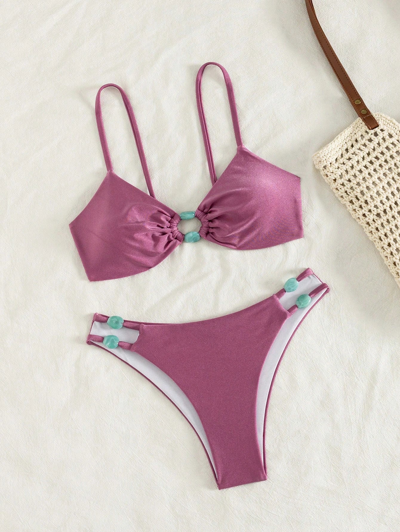 Women's Spring/Summer New Solid Color Light Fabric Flat Chest Spaghetti Strap Bikini 2-Piece Set