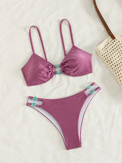 Women's Spring/Summer New Solid Color Light Fabric Flat Chest Spaghetti Strap Bikini 2-Piece Set