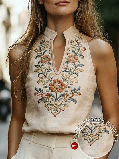 Women's Spring/Summer New V-Neck Sleeveless Vest With Exquisite Floral Print, Casual Boho Vintage And Elegant Street Style Design. Beige Vacation