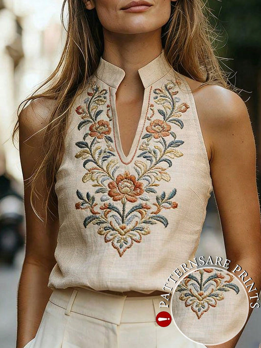 Women's Spring/Summer New V-Neck Sleeveless Vest With Exquisite Floral Print, Casual Boho Vintage And Elegant Street Style Design. Beige Vacation