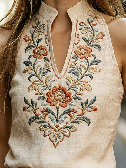 Women's Spring/Summer New V-Neck Sleeveless Vest With Exquisite Floral Print, Casual Boho Vintage And Elegant Street Style Design. Beige Vacation