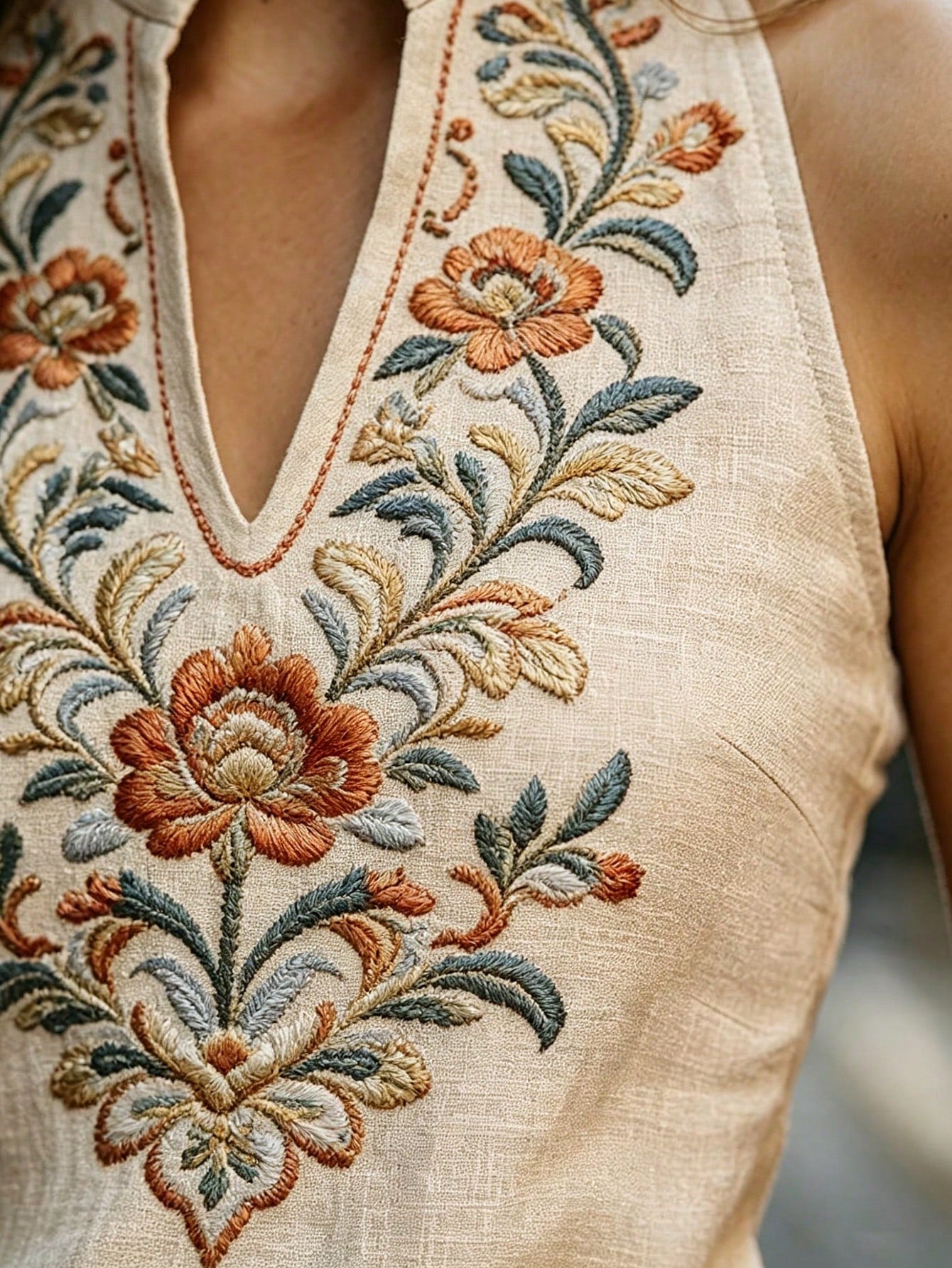 Women's Spring/Summer New V-Neck Sleeveless Vest With Exquisite Floral Print, Casual Boho Vintage And Elegant Street Style Design. Beige Vacation