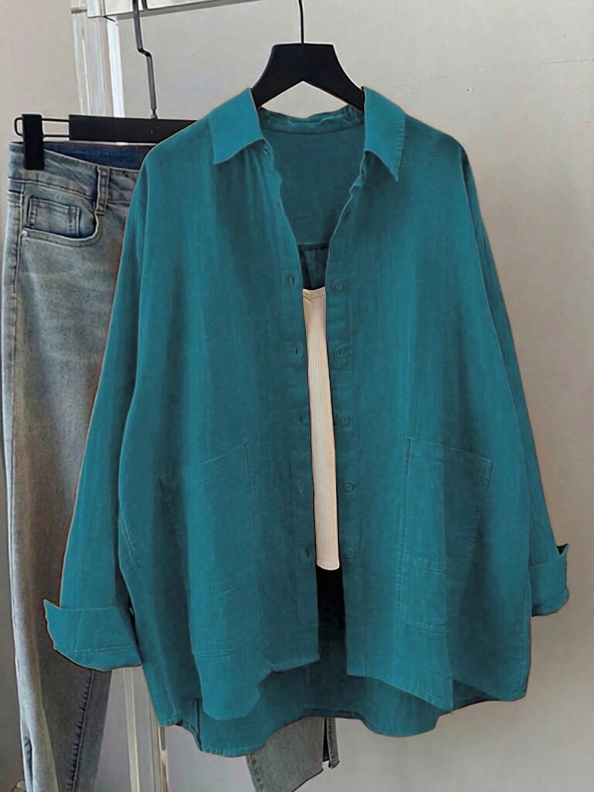 Women's Spring/Summer Solid Color Loose Casual Long Sleeve Shirt, Featuring Drop Shoulder Design, Shirt Collar And Front Pockets, Made Of Polyester Fabric For Casual Daily Look