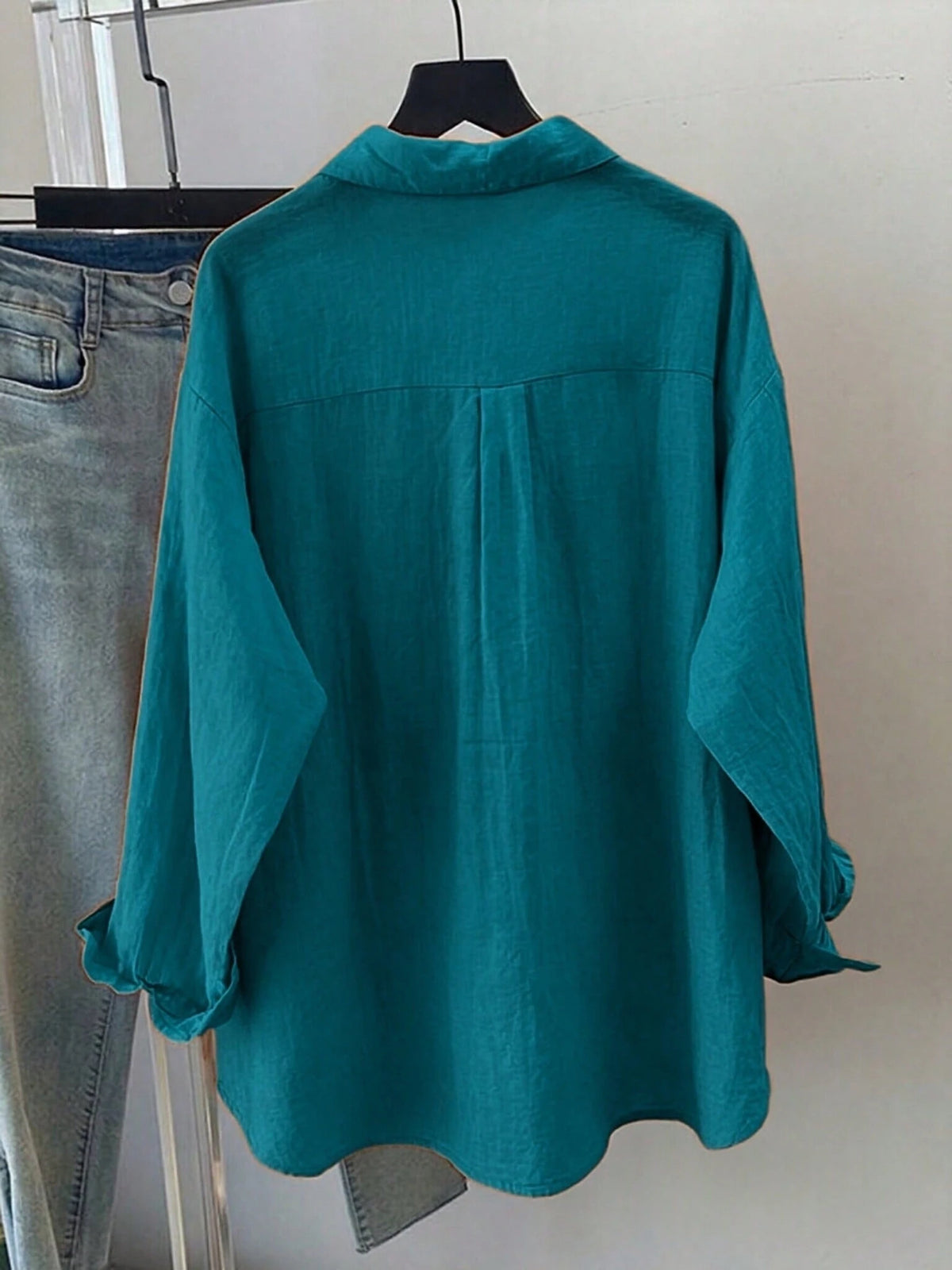 Women's Spring/Summer Solid Color Loose Casual Long Sleeve Shirt, Featuring Drop Shoulder Design, Shirt Collar And Front Pockets, Made Of Polyester Fabric For Casual Daily Look