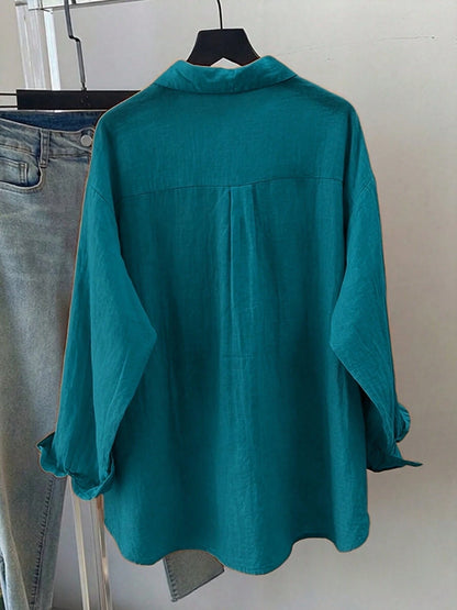 Women's Spring/Summer Solid Color Loose Casual Long Sleeve Shirt, Featuring Drop Shoulder Design, Shirt Collar And Front Pockets, Made Of Polyester Fabric For Casual Daily Look