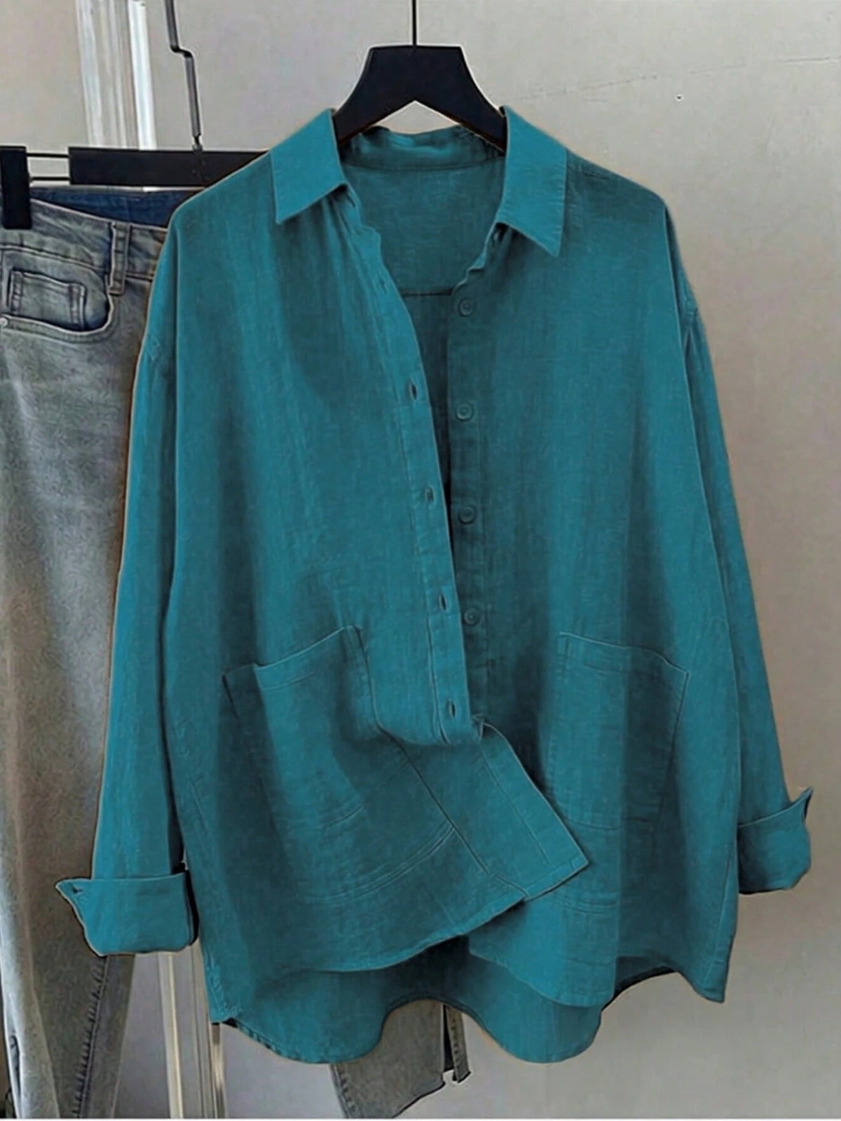 Women's Spring/Summer Solid Color Loose Casual Long Sleeve Shirt, Featuring Drop Shoulder Design, Shirt Collar And Front Pockets, Made Of Polyester Fabric For Casual Daily Look