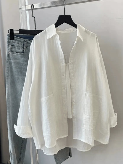 Women's Spring/Summer Solid Color Loose Casual Long Sleeve Shirt, Featuring Drop Shoulder Design, Shirt Collar And Front Pockets, Made Of Polyester Fabric For Casual Daily Look