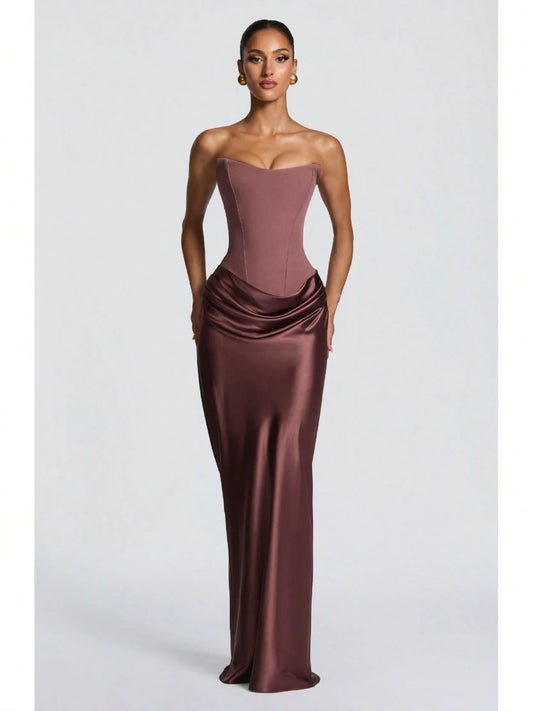Women's Strapless Corset Satin Maxi Dress With Choker Detail, Ruched Waist Formal Evening Gown, Multi-Color Options