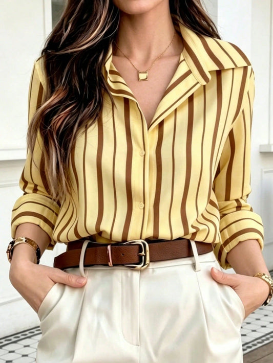 Women's Striped Button-Down Long Sleeve Business Casual Office Blouse Vintage Shirt Yellow