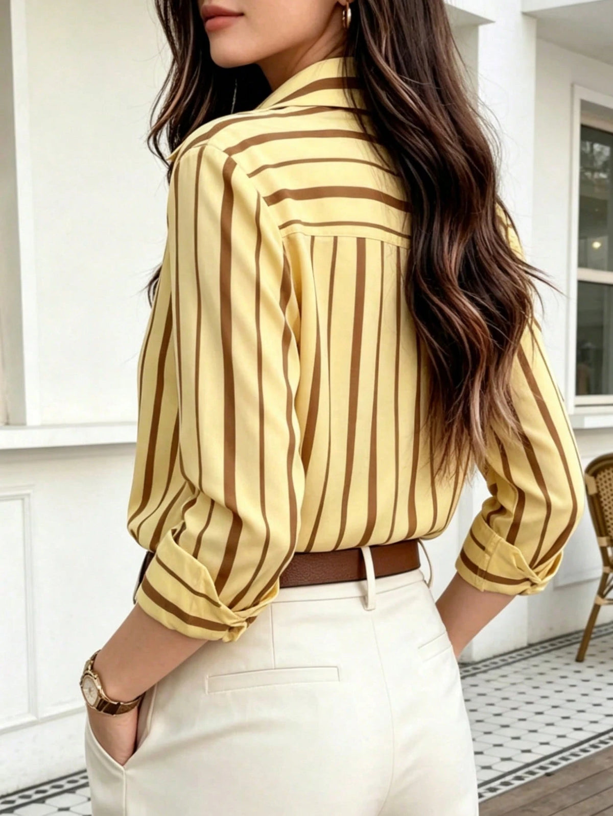 Women's Striped Button-Down Long Sleeve Business Casual Office Blouse Vintage Shirt Yellow