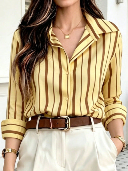 Women's Striped Button-Down Long Sleeve Business Casual Office Blouse Vintage Shirt Yellow