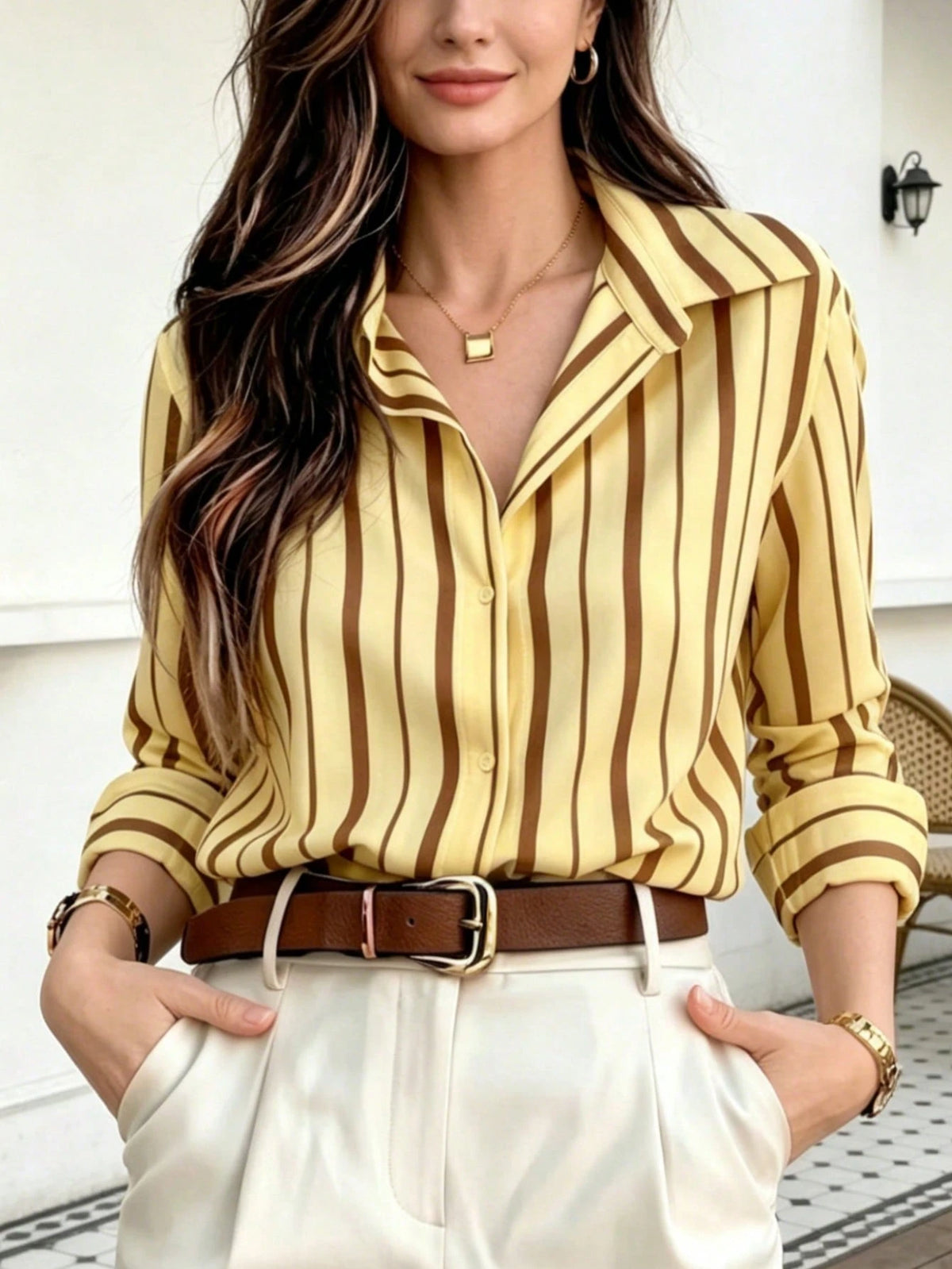 Women's Striped Button-Down Long Sleeve Business Casual Office Blouse Vintage Shirt Yellow