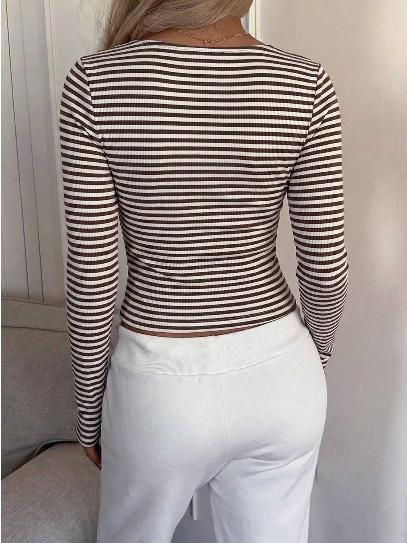 Women's Striped Long Sleeve Casual Blouse, Natural, Versatile, Textured, Relaxed, Elegant, Artistic, Unique, Daily, Outdoor, Striped Spring Brown