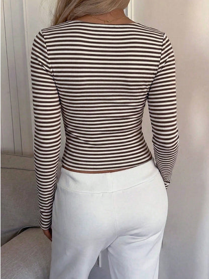 Women's Striped Long Sleeve Casual Blouse, Natural, Versatile, Textured, Relaxed, Elegant, Artistic, Unique, Daily, Outdoor, Striped Spring Brown