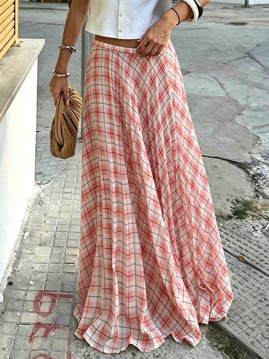 Women's Summer Casual Plaid Print Extra Long Skirt