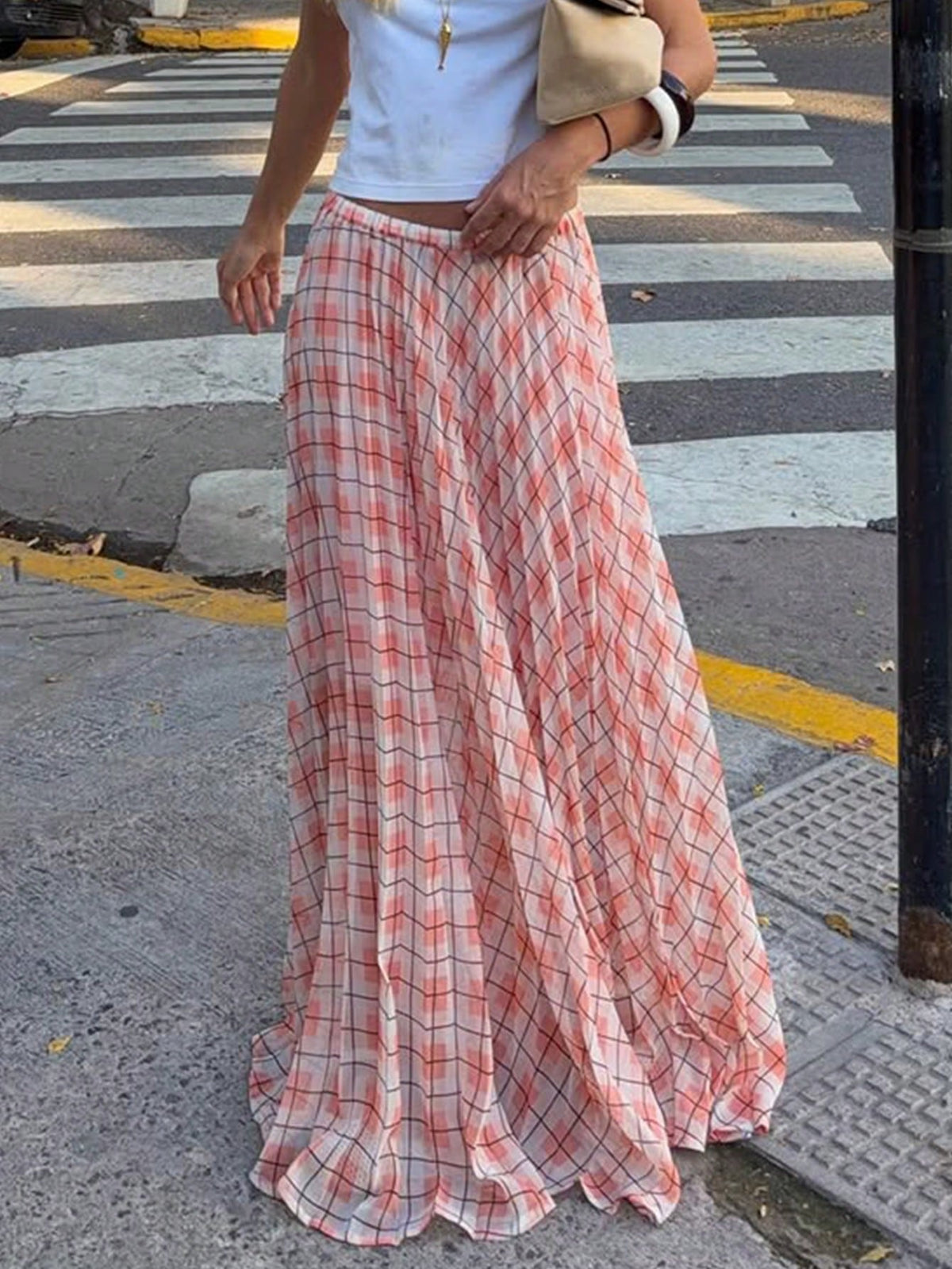 Women's Summer Casual Plaid Print Extra Long Skirt