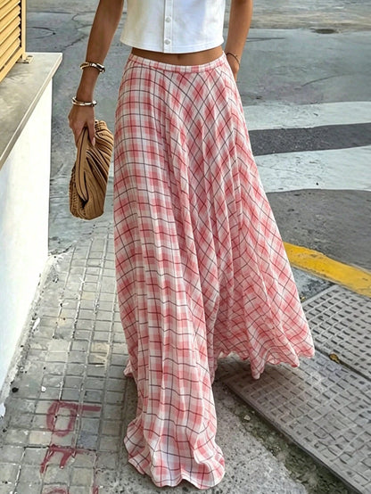 Women's Summer Casual Plaid Print Extra Long Skirt