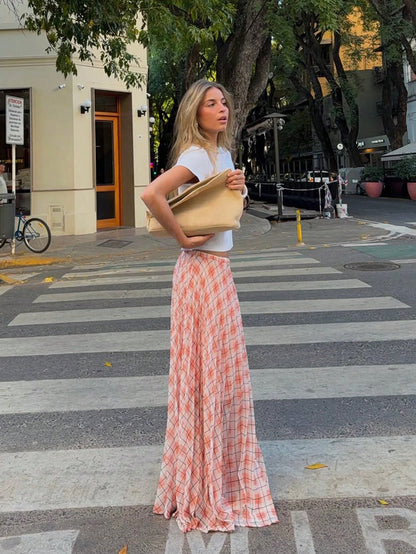 Women's Summer Casual Plaid Print Extra Long Skirt