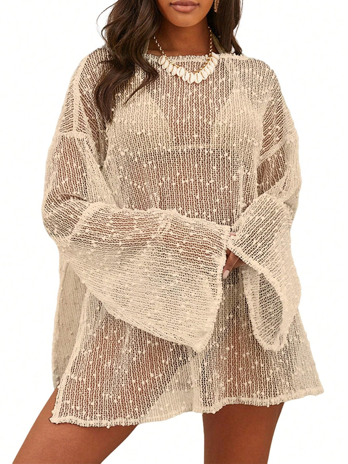 Women's Summer Crochet Sexy Sheer Kaftan Caftan Beach Dress Bathing Suit Swim Coverup One Piece Long Sleeve Mini Dress, For Beach Vacation