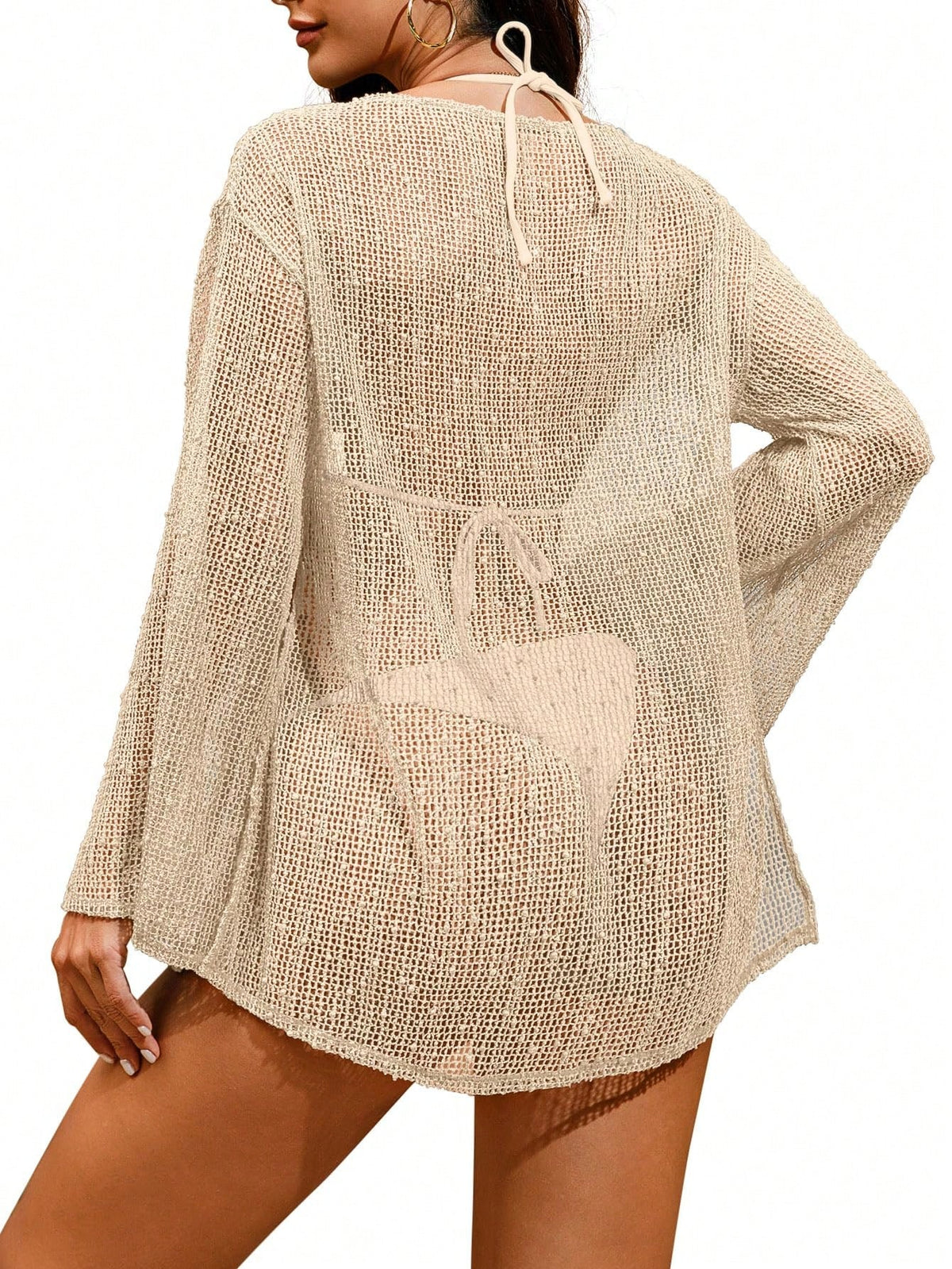 Women's Summer Crochet Sexy Sheer Kaftan Caftan Beach Dress Bathing Suit Swim Coverup One Piece Long Sleeve Mini Dress, For Beach Vacation