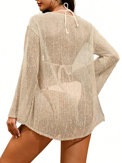 Women's Summer Crochet Sexy Sheer Kaftan Caftan Beach Dress Bathing Suit Swim Coverup One Piece Long Sleeve Mini Dress, For Beach Vacation