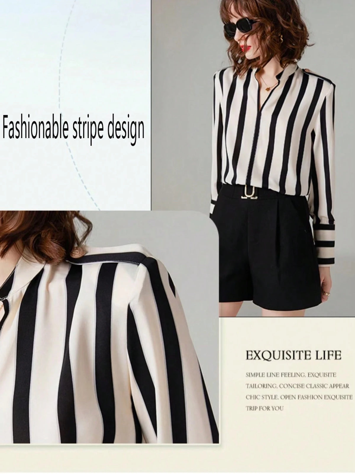 Women's Summer/Early Autumn Vertical Striped Shirt, V-Neck Long Sleeve Blouse, Elegant French Style Commuter Top Spring