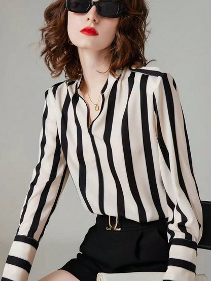 Women's Summer/Early Autumn Vertical Striped Shirt, V-Neck Long Sleeve Blouse, Elegant French Style Commuter Top Spring